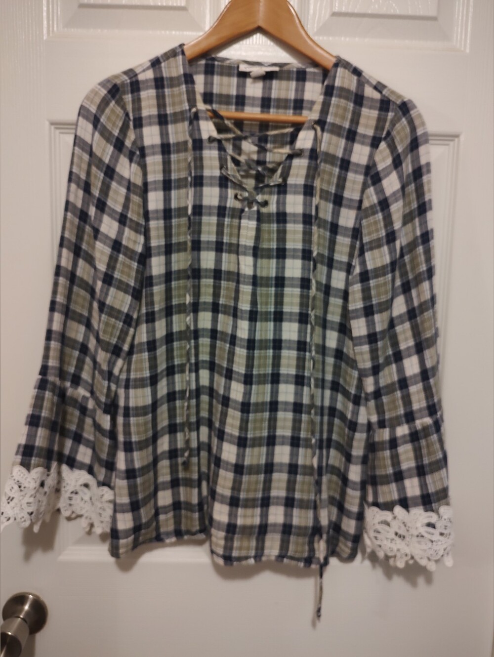 Westport Black and White Plaid Lace-Up Tunic with Crochet Cuffs